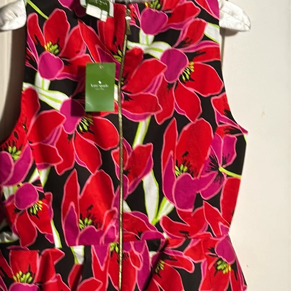 KATE SPADE Sz 14 RIO SLEEVELESS PEPLUM DRESS SHEATH Floral TROPICAL RED/PINK. - Picture 3 of 16